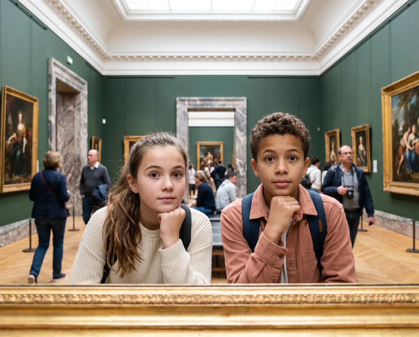 Deux collégiens observent une œuvre au musée